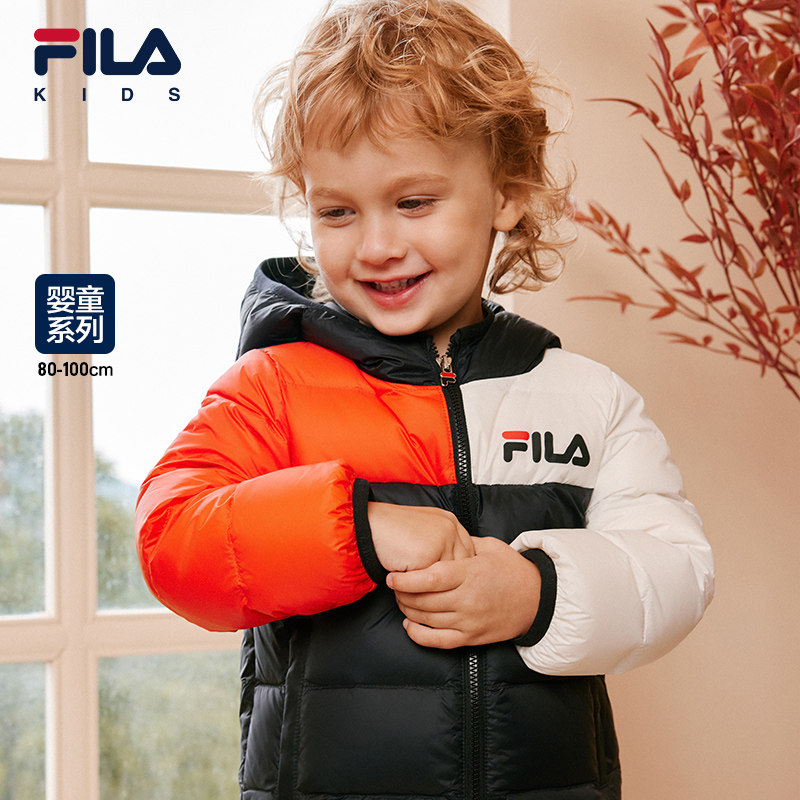 Детская одежда FILA, пуховик, новинка осени и зимы 2023 года для младенцев и маленьких детей, мужская и женская теплая куртка с капюшоном, тренд