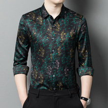 Autumn men's mulberry silk long sleeved shirt new middle-aged high-end business print