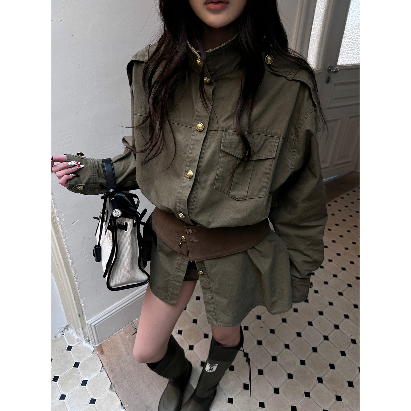 HYTEMOLY workwear style, washed cotton, metal buckle, retro loose-fitting long casual shirt with belt, women's.