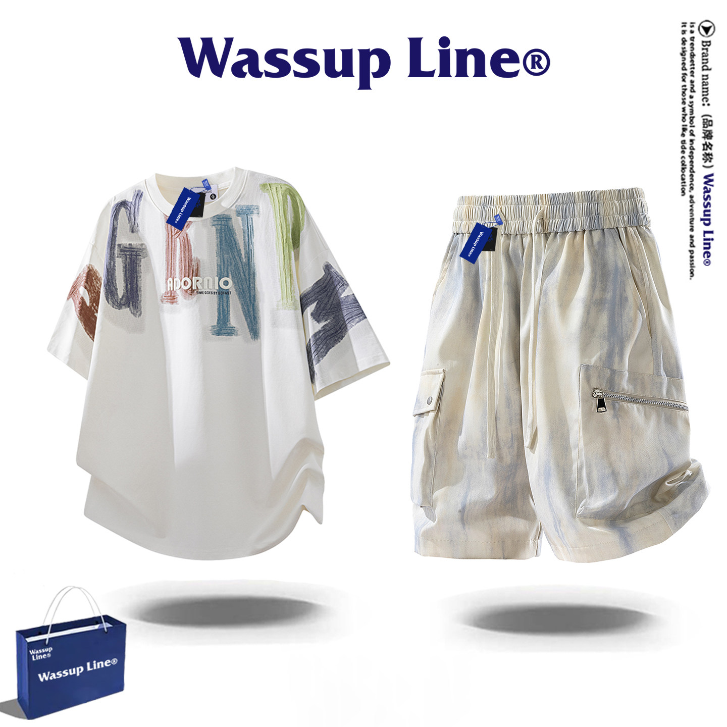 Брендовый спортивный костюм WASSUP Line tide, мужская повседневная футболка в американском стиле с короткими рукавами, летние спортивные шорты, костюм-двойка