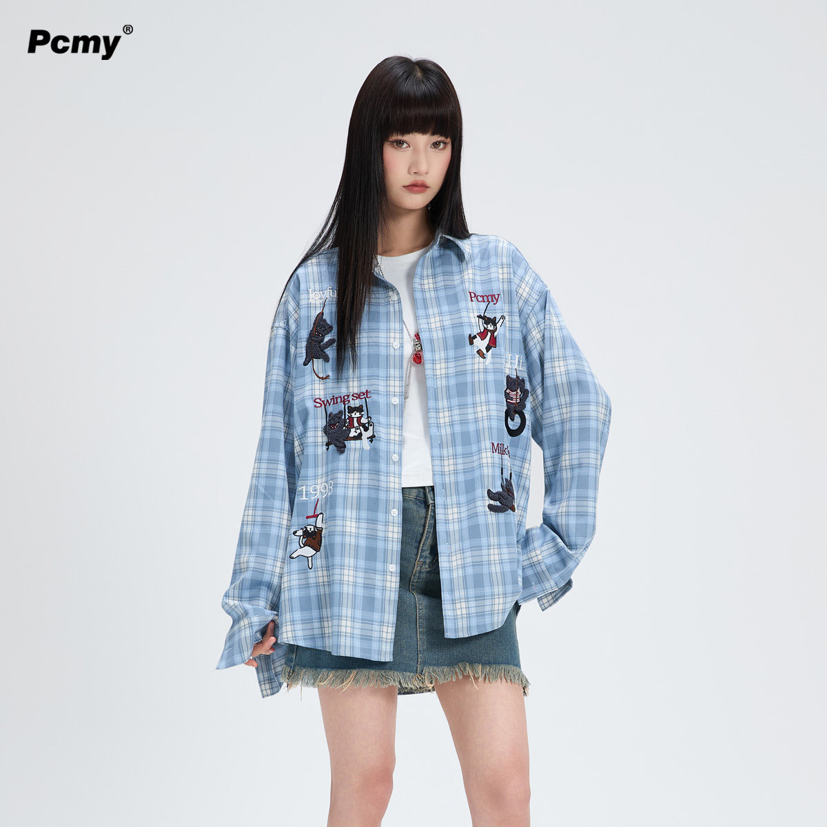 PCMY Cat Embroidery 2026 New Retro Lazy Style Plaid Shirt Women's Loose Cardigan Long Sleeve Top for Early Autumn
