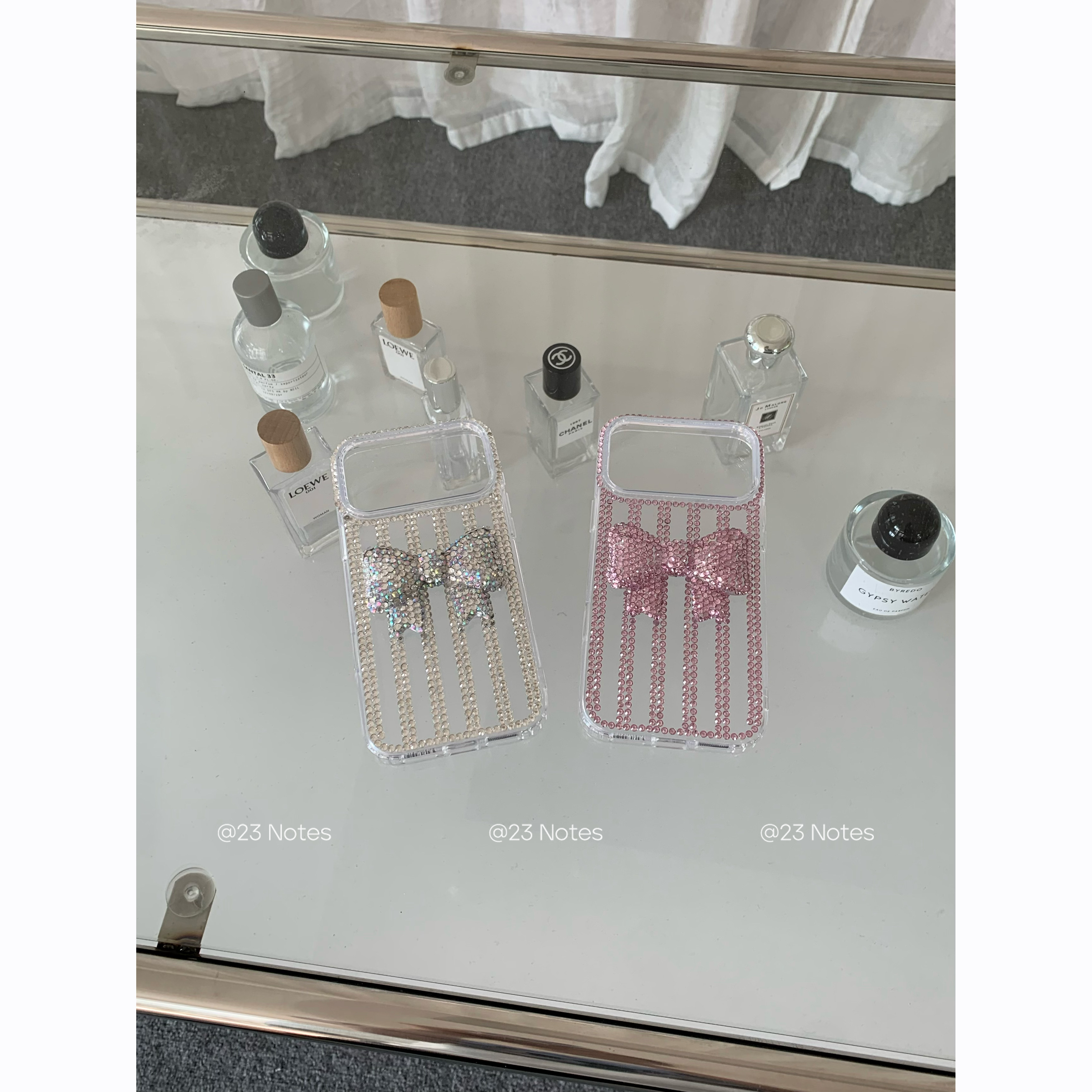 23 Notes Elegant Rhinestone Bow Sparkling Korean Style Instagram Case for iPhone 17 Pro Max, Apple 15 Pro Max, Full Coverage, 14 Pro Transparent, 16 Pro Max Protective Case