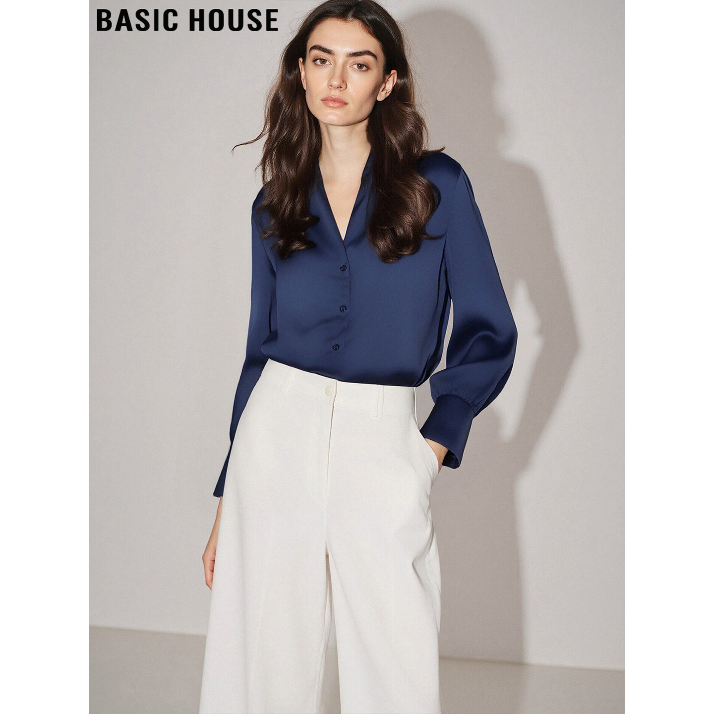 Basic House Navy Blue Satin Shirt for Women, 2026 Autumn New Arrival, High-End French Style Top