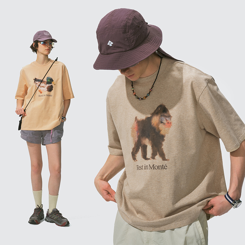 Meng Shanye Monkey outdoor 7A антибактериальная защита от клещей, прохладное ощущение, печать чернилами, свободная футболка с круглым вырезом и короткими рукавами для мужчин