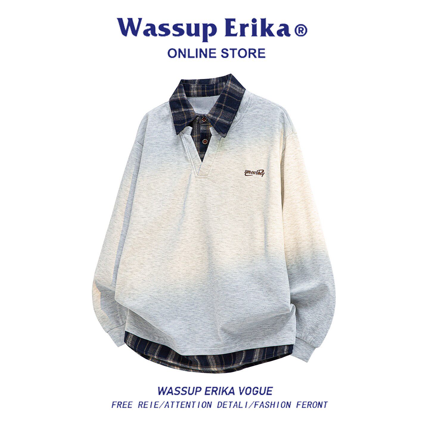 WASSUP ERIKA美式复古假两件卫衣男款春秋格子衬衫领长袖刺绣上衣