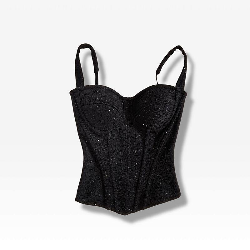 Black fishbone bralette camisole for women, fitted, waist-cinching, short style...