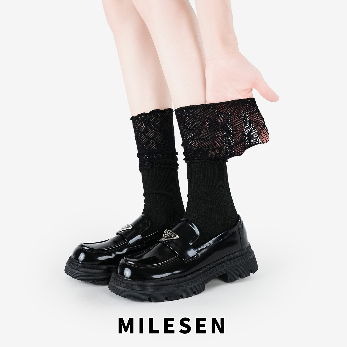 Women's black lace stockings, autumn/winter Miu mid-length, Korean style, trendy slouch stockings, perfect for pairing with boots and loafers.