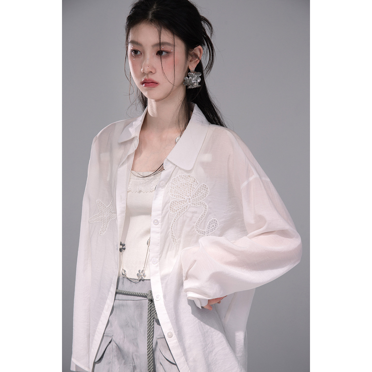 COTRE Original Design "Thin Paper Doll" Translucent White Mulberry Silk Modal Embroidered Sun Protection Shirt