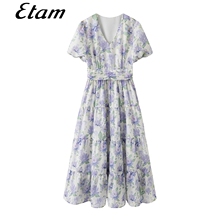 Etam Egger Flower Chiffon Dress Summer 2024 New Women's Bubble Sleeves V-Neck First Love Pure Skirt