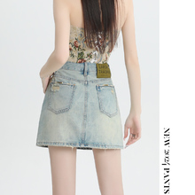 Light colored denim short skirt, summer A-line wrapped hip skirt, half length skirt