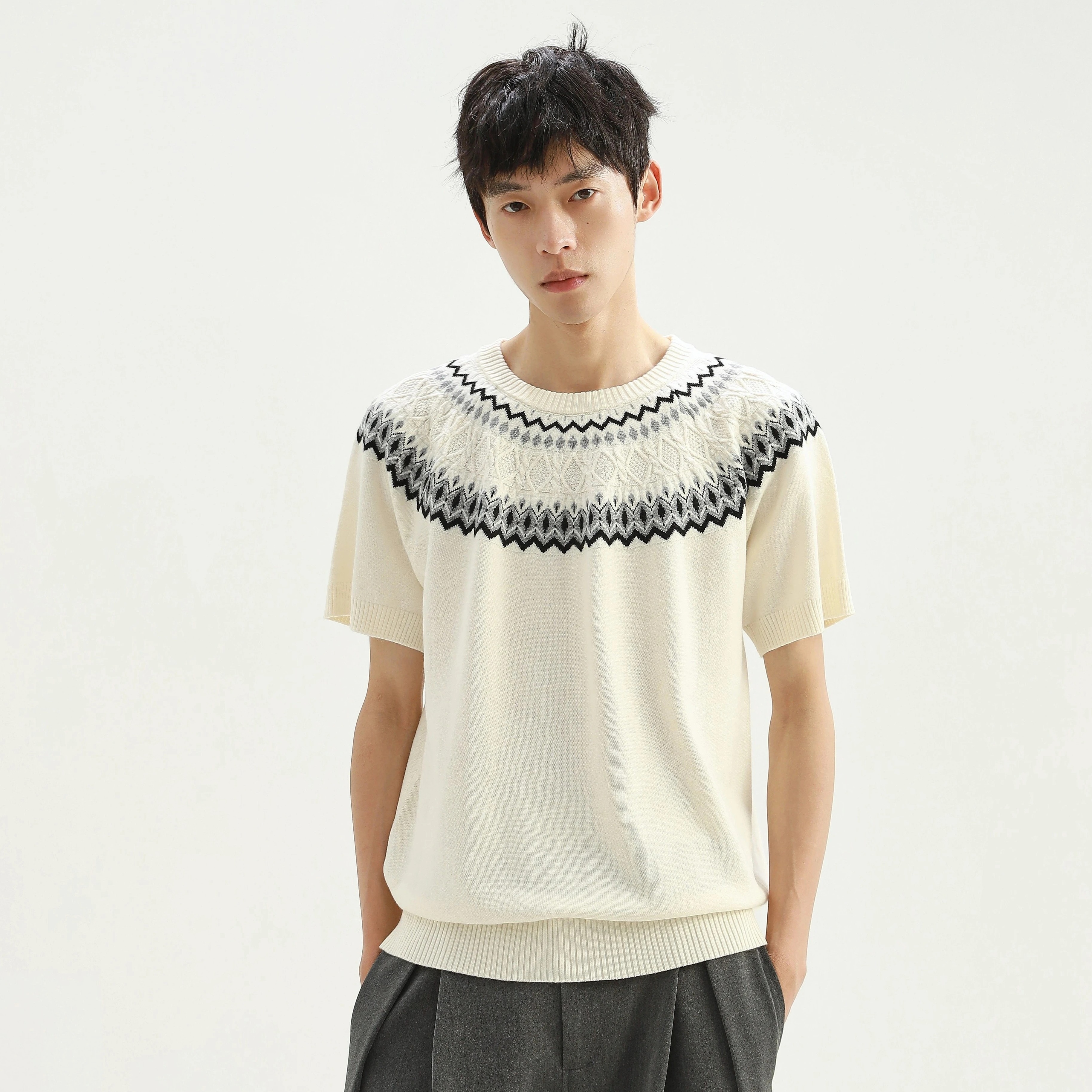 Stay the Night Fair Isle Трикотажное изделие из смеси шерсти и ледяного шелка с круглым вырезом Удобный дышащий силуэт Реглан Короткий рукав