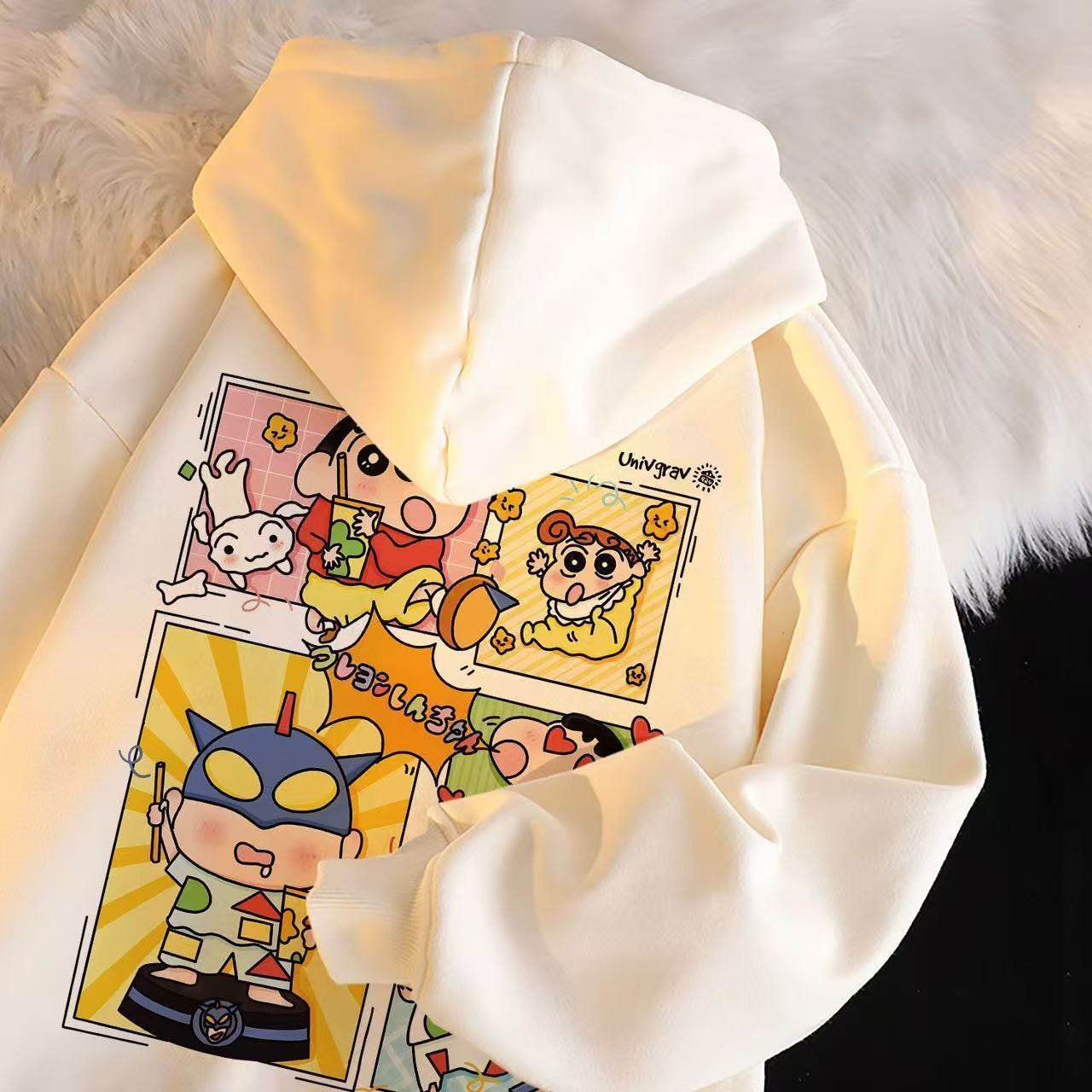 Повседневная трендовая одежда Shin-chan с рисунком из мультфильма для мальчиков и девочек, новинка осени и зимы для больших детей, бархатный свитер с капюшоном