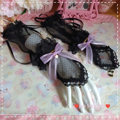 taobao agent 包邮 原创lolita手袖 定制黑色玫瑰蕾丝蝴蝶结手袖中袖~
