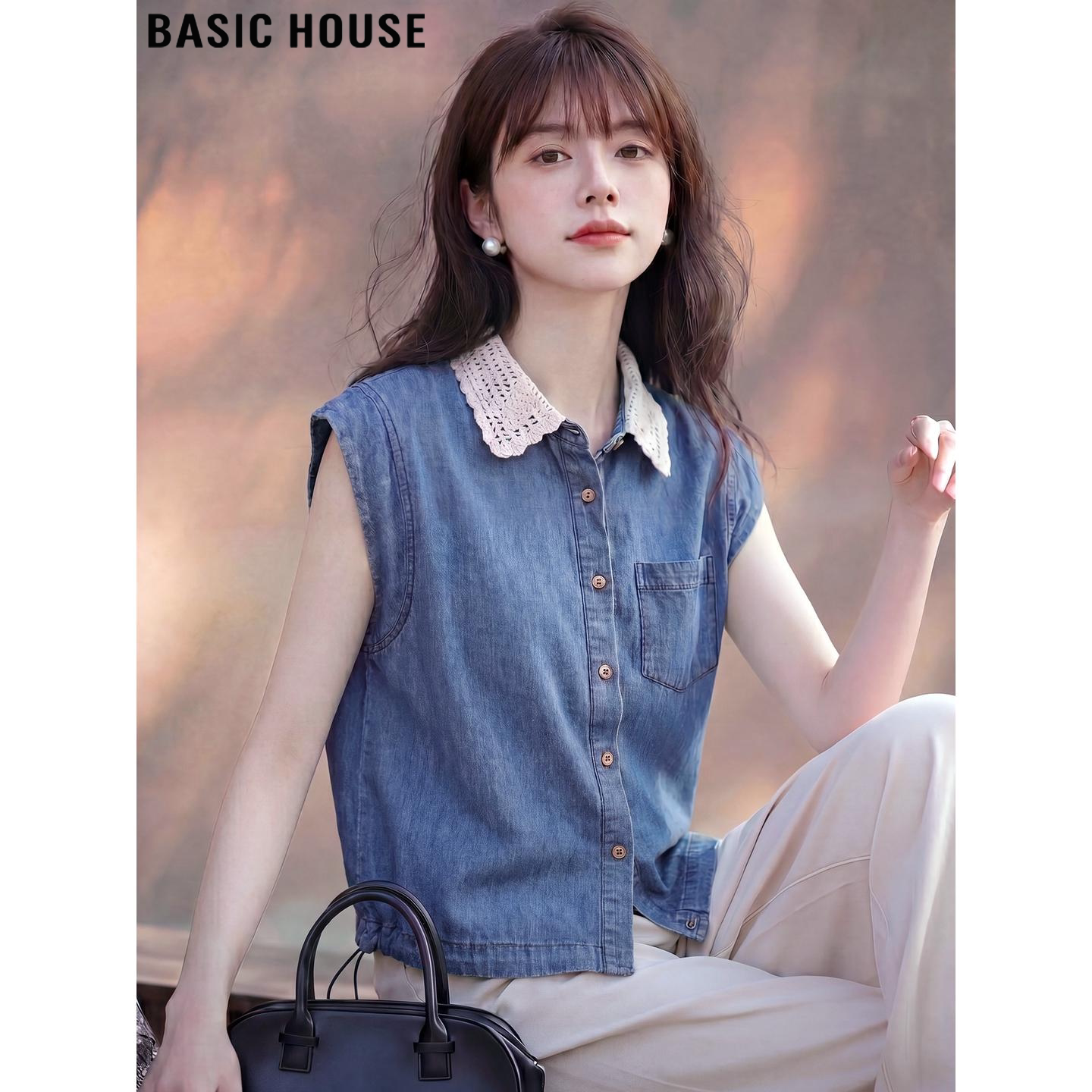 Basic House light blue lace-trimmed Peter Pan collar pure cotton sleeveless denim shirt for women, summer.
