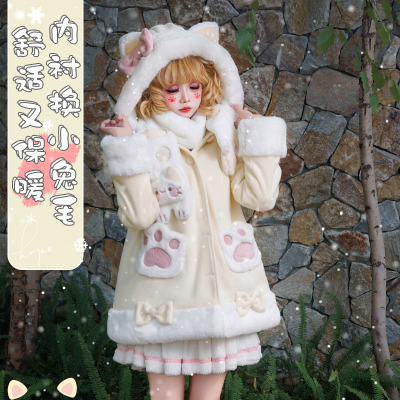 taobao agent 织锦园围巾外套三花猫秋冬加绒加厚保暖百搭外套猫耳朵呢子大衣