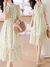 MONKOLCINLY haute couture chiffon floral dress for women's summer French style age reducing and belly covering long skirt, showing a slimming temperament