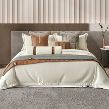High end model room bedding in gray horse hair coffee color, modern light luxury soft decoration, complete set of bedding in the model room