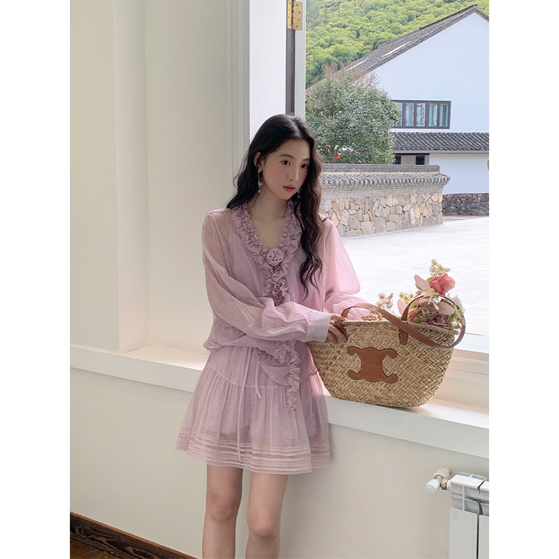 French-style ruffled long-sleeved blouse for women, summer relaxed and loose chiffon set