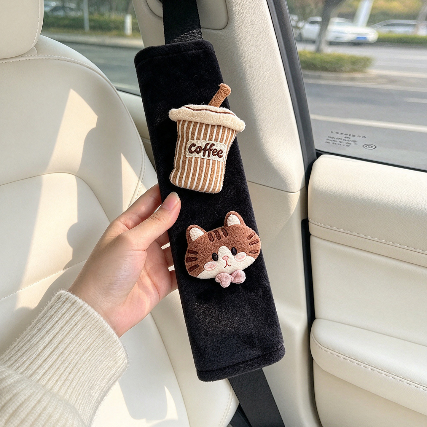 Тканевая милая мультяшная кофейная чашка cat, плечевые накладки для ремня безопасности автомобиля, противоизносные и противоизносное украшение автомобиля, кошка женского пола