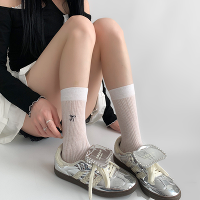 taobao agent 夜间教习室袜子女秋季中筒袜薄款可爱蝴蝶结日系纯色透气白色长袜