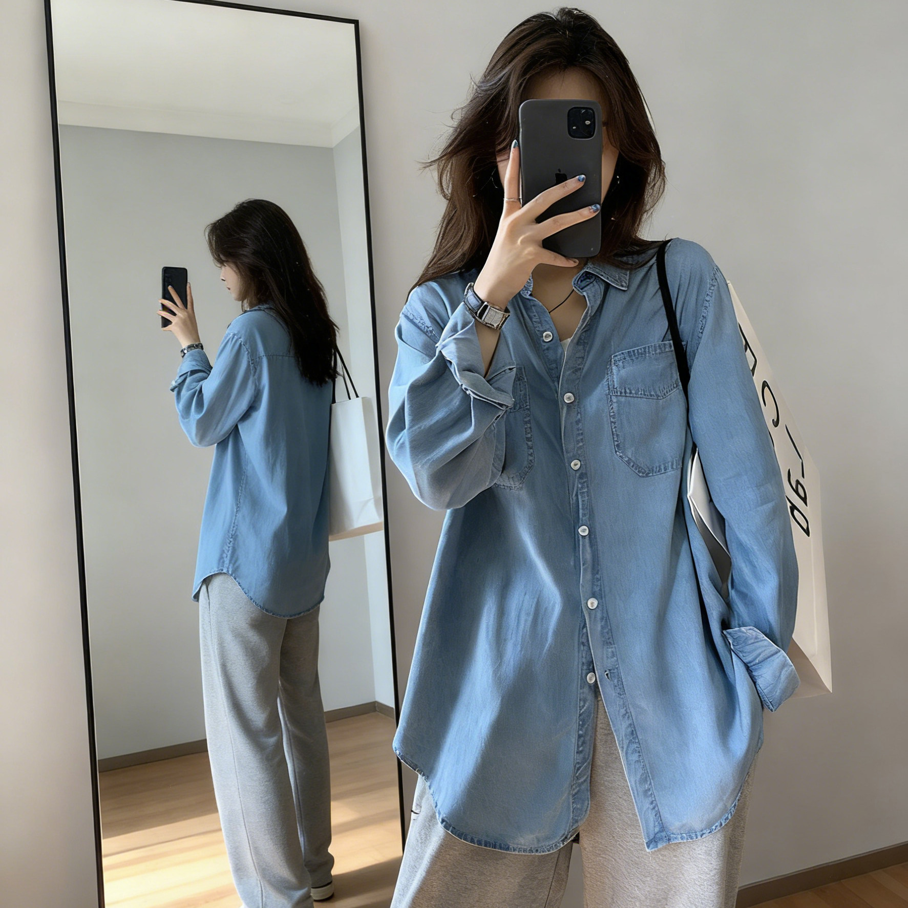Hong Kong style blue denim shirt for women, layered innerwear, 2026 spring new style, unique and super good-looking shirt jacket.