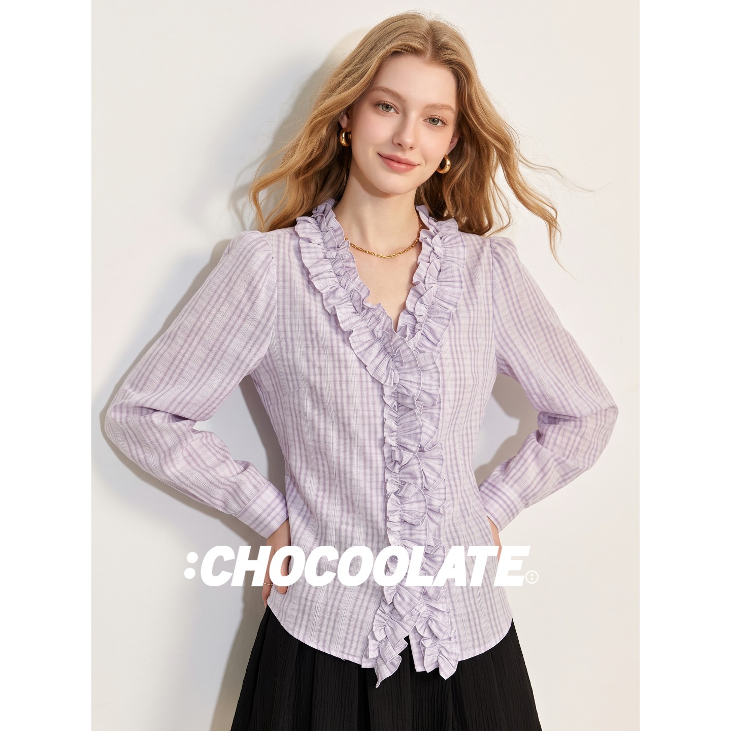 it :CHOCOOLATE Purple Plaid Long-Sleeved Shirt Women's Autumn Sweet Style Loose Ruffled V-Neck Shirt