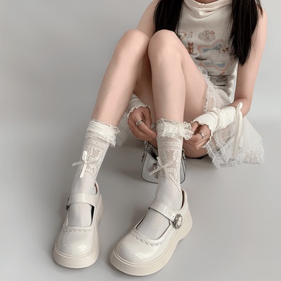 taobao agent 夜间教习室洛丽塔袜子蕾丝镂空蝴蝶结花边袜奶白色中筒袜女春秋款