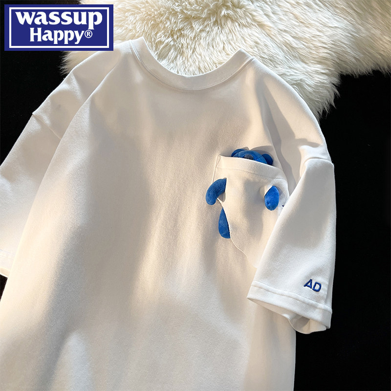 Футболка с короткими рукавами WASSUP HAPPY bear, мужская летняя хлопковая футболка большого размера, свободный топ с круглым вырезом и короткими рукавами