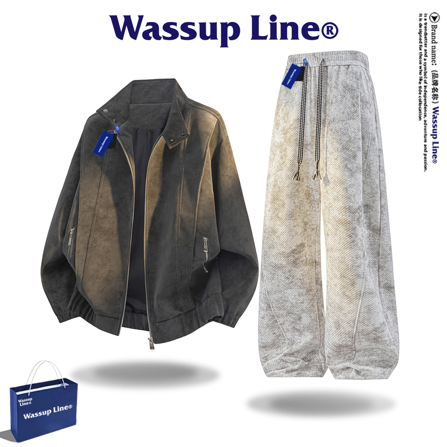 Брендовая куртка из искусственной кожи WASSUP Line tide, мужская куртка-американка в стиле ретро, осенние брюки, костюм-двойка