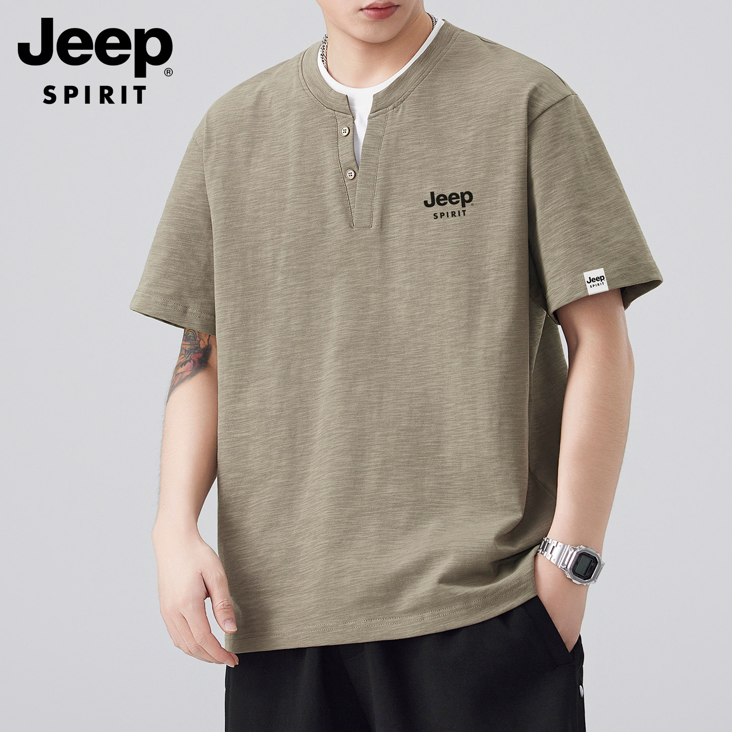 Мужская футболка из двух частей с короткими рукавами Jeep из чистого хлопка, новинка 2026 года, с тяжелым воротником Henry, американский тренд свободной верхней одежды