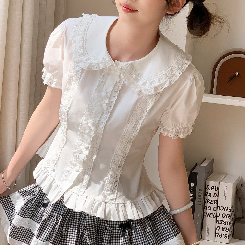 Lolita style Japanese soft girl short-sleeved dress with Peter Pan collar, cute inner layer puff sleeve top for women Charlotte Lolita