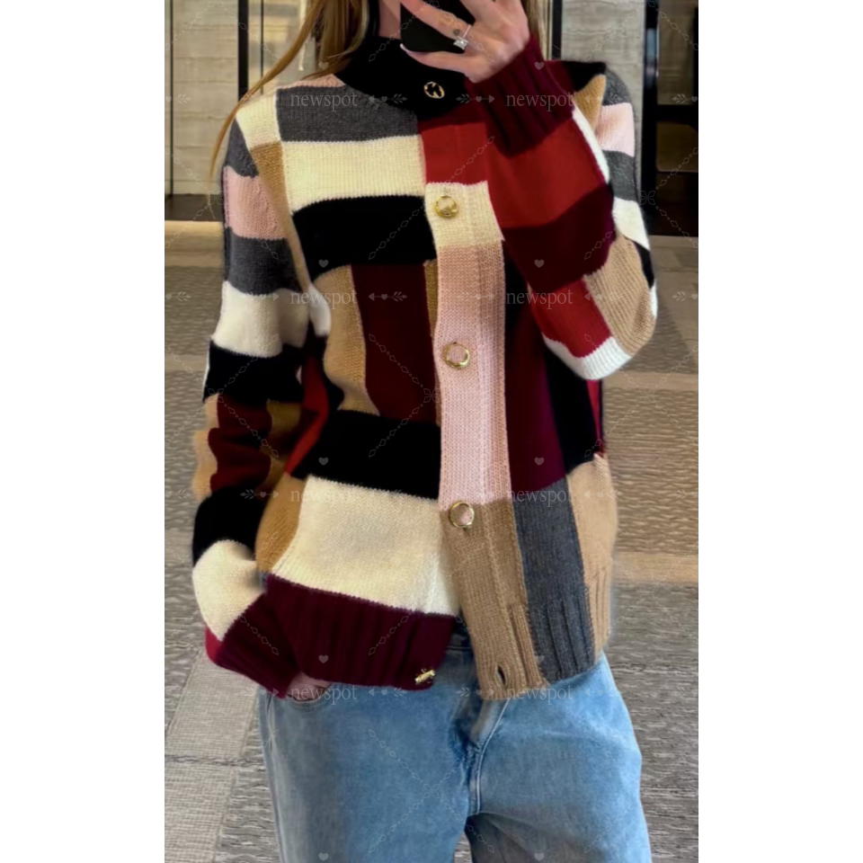 Newspot 26B Classic Retro Color Block/Color-Blocking/Plaid Gold Buckle Crew Neck Knit Cardigan for Women