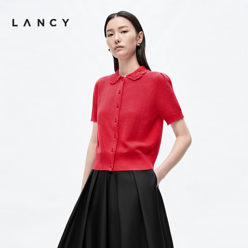 LANCY/Langzi лето 2026, новинка, ретро элегантный полый кружевной кукольный воротник, вязаный кардиган с короткими рукавами для женщин