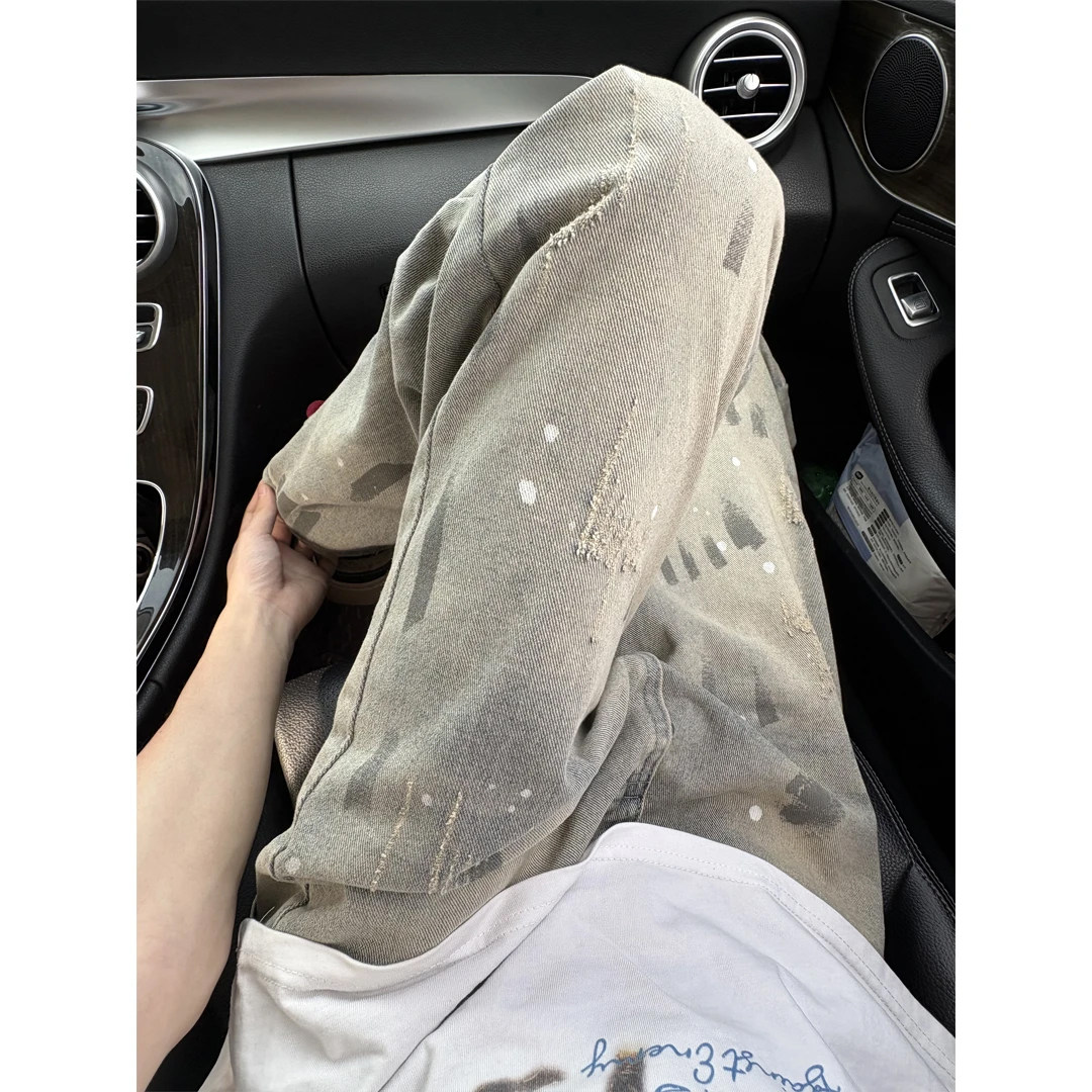 Джинсы tie-dye в американском стиле с брызгами чернил, мужские летние ретро-потертые трендовые брюки для мальчиков, свободные прямые брюки, новый стиль