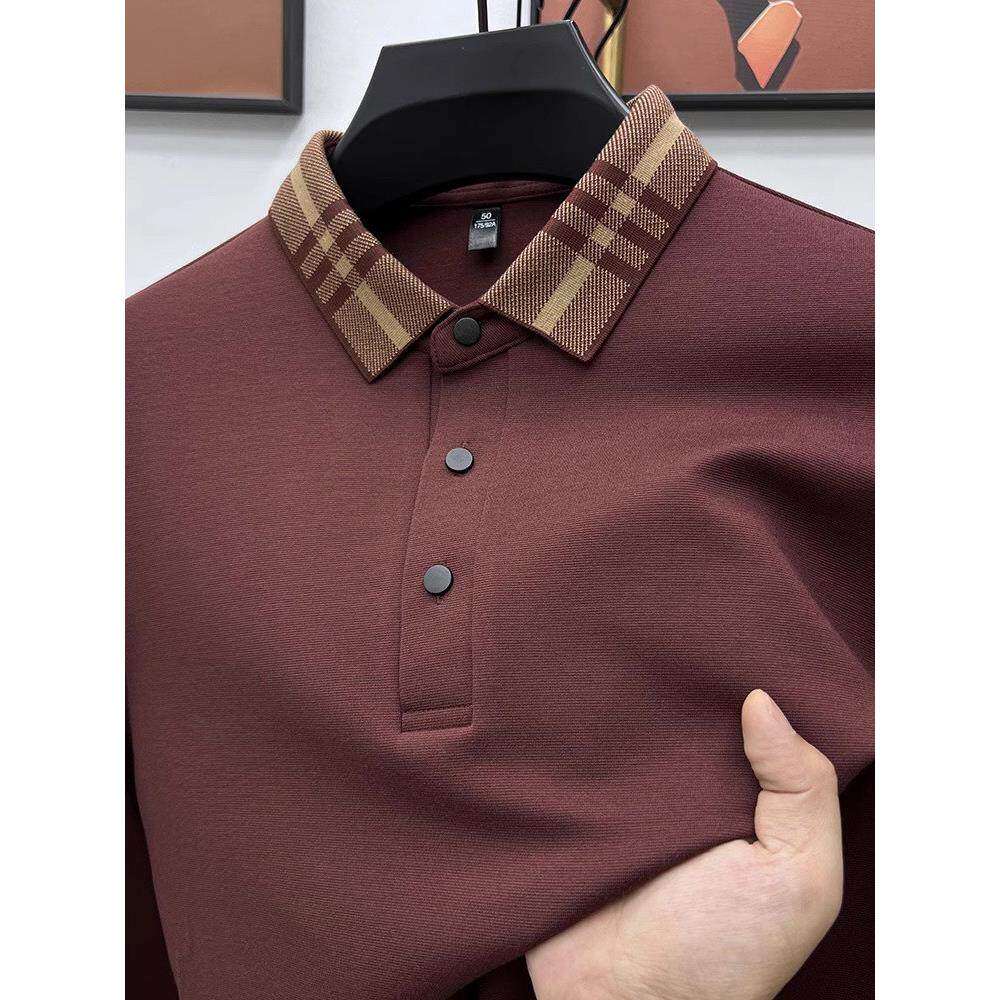 Pilkadan sheep wool yarn dyed collar retro polo shirt men's long sleeved spring and autumn versatile business t-shirt top