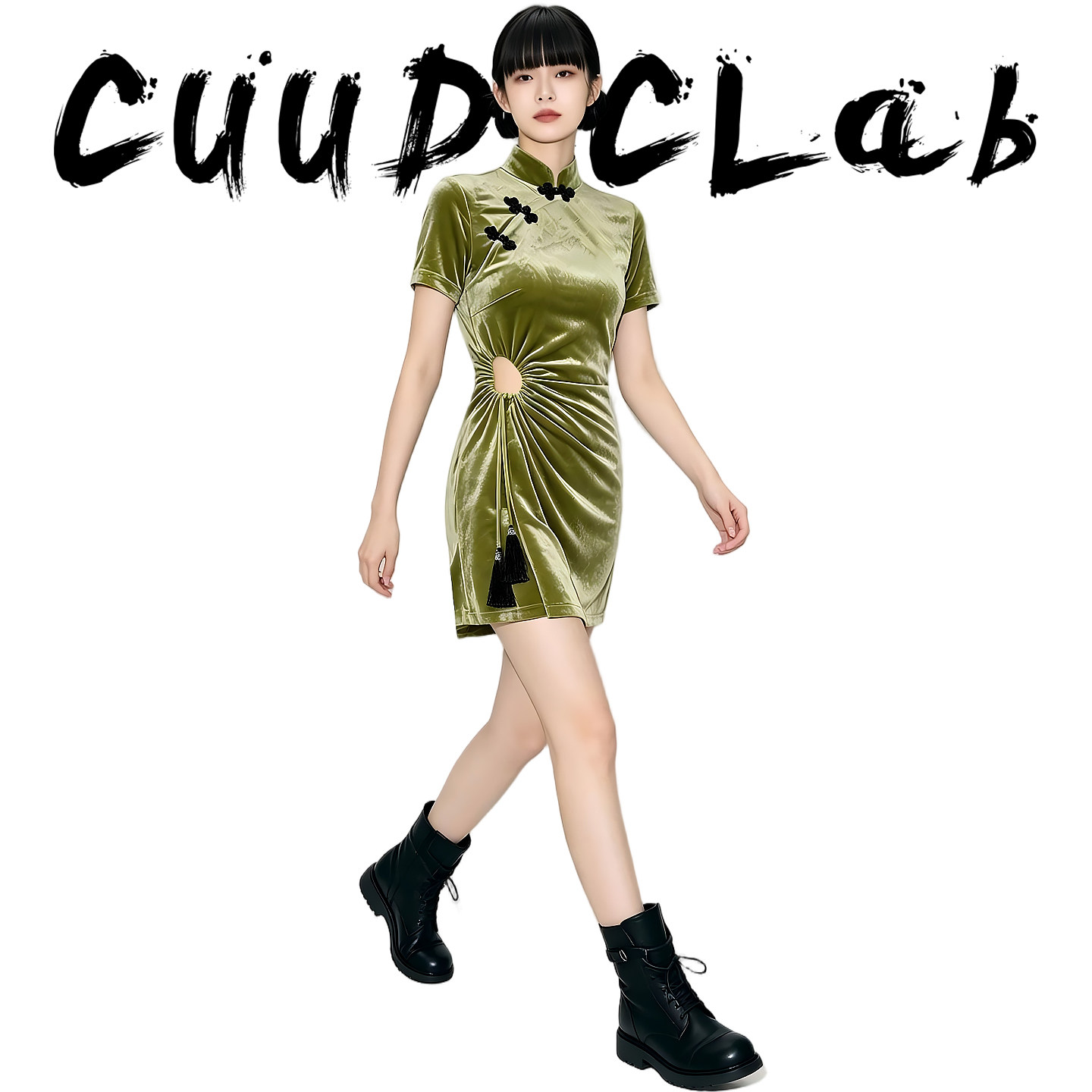 CUUDICLAB, новый китайский стиль, темный стиль, бархатное платье в китайском стиле с короткими рукавами и дисковой пряжкой на талии, зеленый чонсам