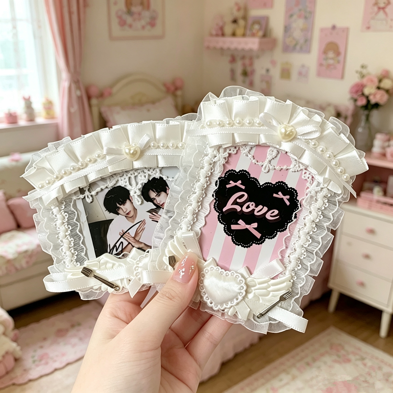 DIY handmade lace card holders, girly cartoon anime style, Instagram-worthy, anime-inspired, ita-ga-mi style, stuffing decorations.
