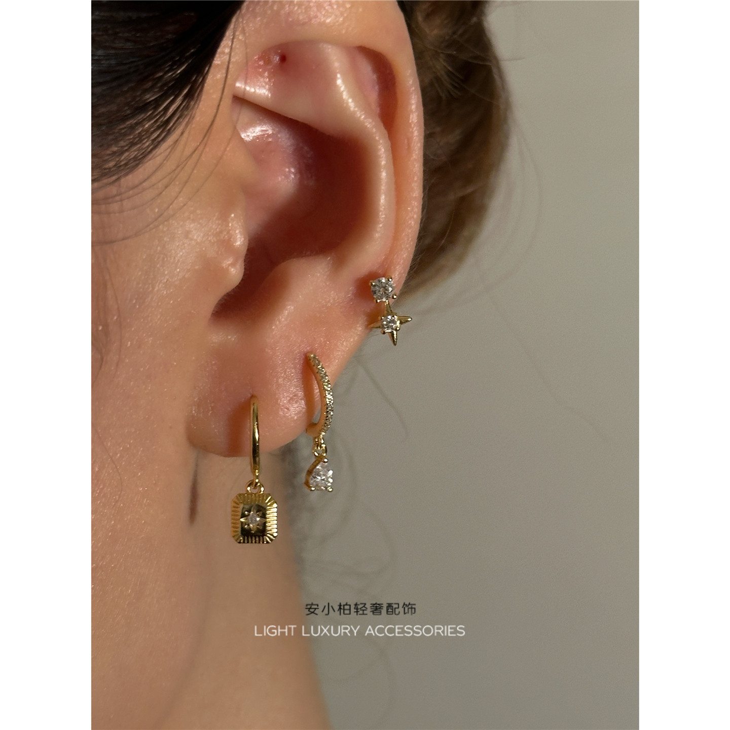 Серебряные серьги An Xiaobai s925 с многослойным пирсингом, комбинированные серьги с восьмиконечной звездой и бриллиантовой каплей циркона, европейские и американские серьги для женщин