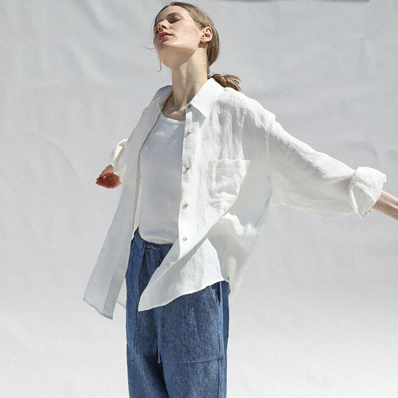 100% pure linen shirt, unisex, white, loose fit, all-season, casual style, cotton and linen shirt, long sleeves.