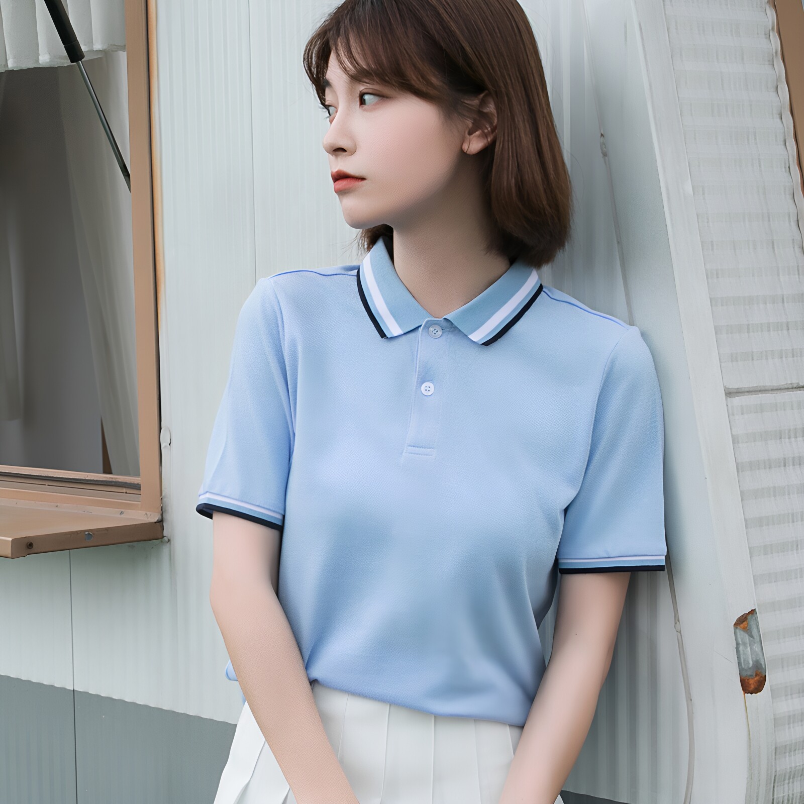 Customized summer uniforms for kindergarten teachers, early childhood education and childcare, blue polo shirts, women's t-shirts, and tops.