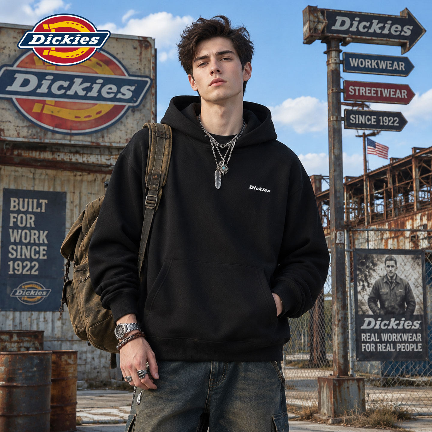 Пуловер Dickies, свитер с капюшоном для мальчиков, осенний свободный американский уличный тренд, тяжелая универсальная куртка с капюшоном