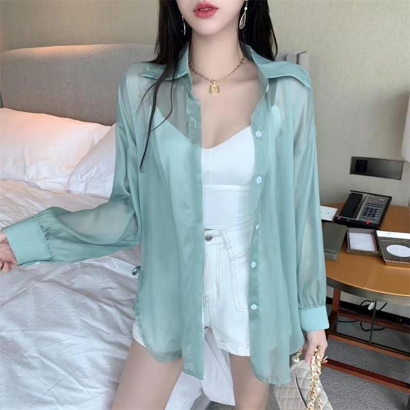 Pearl yarn chiffon blouse for women, summer thin style, loose fit, versatile ice silk sun protection cardigan, mid-length top
