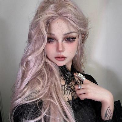 taobao agent 夏日新款假发女粉色小额蕾丝夏季薄款整顶JK蓬松自然减龄长卷发