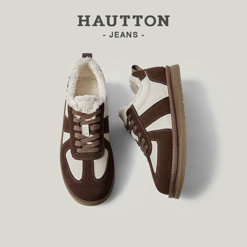 HauttonJeans/ мужская теплая хлопчатобумажная обувь; новинка зимы 2026 года; бархатные зимние ботинки на толстой подошве; кожаные кроссовки для мужчин