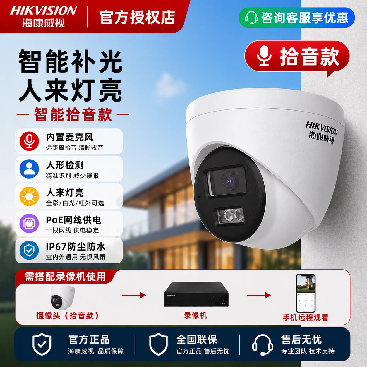 Hikvision 2 миллиона /4 миллиона полноцветных камер ночного видения высокой четкости с записью POE для обнаружения гуманоидов 1345