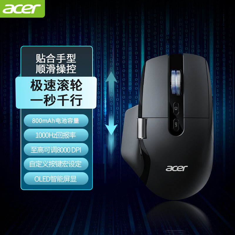 Acer Беспроводная мышь Acer со скоростным колесом прокрутки Bluetooth, трехрежимная мышь, эргономичная кнопка отключения звука, мышь с дисплеем