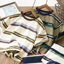 Boys striped short sleeved t-shirt for middle-aged and young children 2024 summer new top, children's t-shirt, pure cotton loose round neck shirt