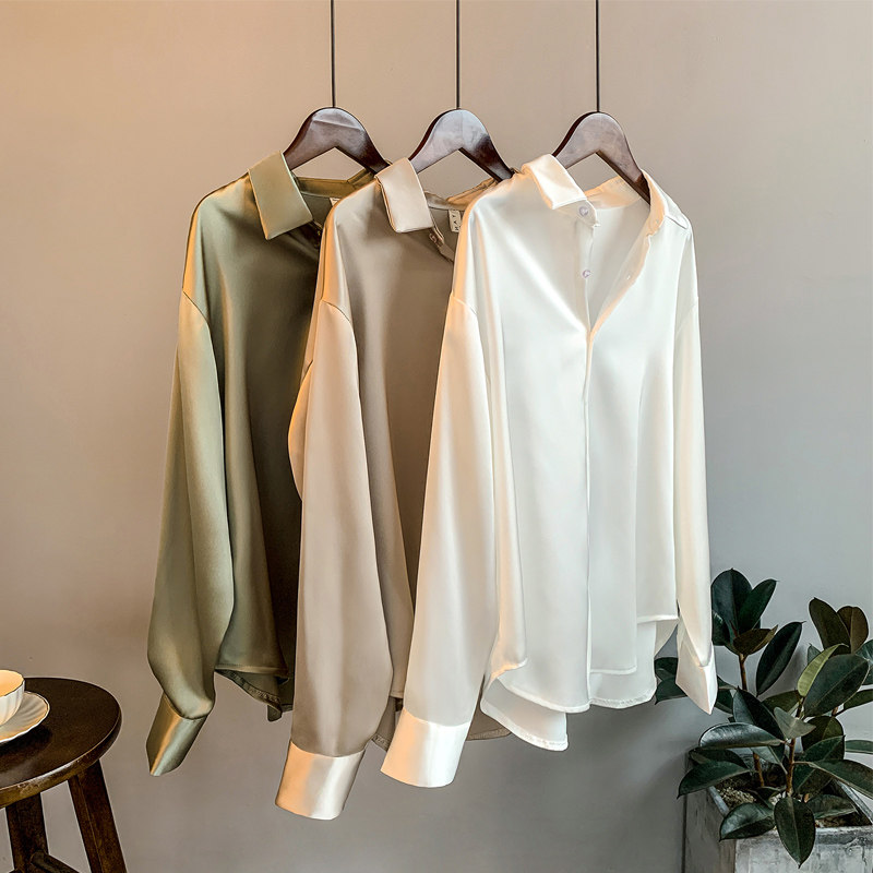 High-end acetate satin shirt for women, spring and autumn, long-sleeved design, professional and elegant, wrinkle-resistant top.