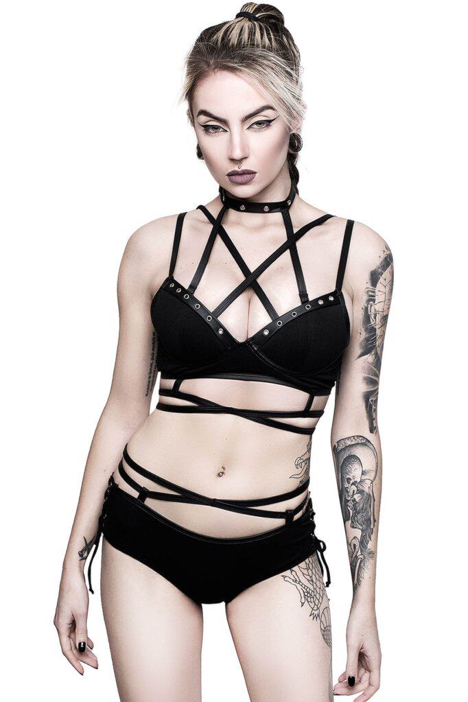 Streetwear brand KILLSTAR Metal Maiden Gothic Psychedelic Metal Studded Lingerie Bras and Panties