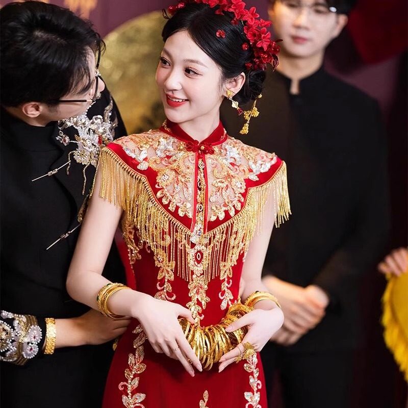 Платье для тостов Cheongsam, свадебное платье невесты, новинка 2026 года, одежда для тяжелой промышленности из павильона Xiuhe, новое китайское свадебное платье для помолвки, юбка